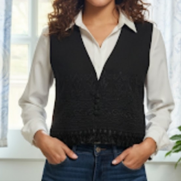 Bentley Harris Vintage Black Embroidered Fringe Vest - Picture 1 of 6